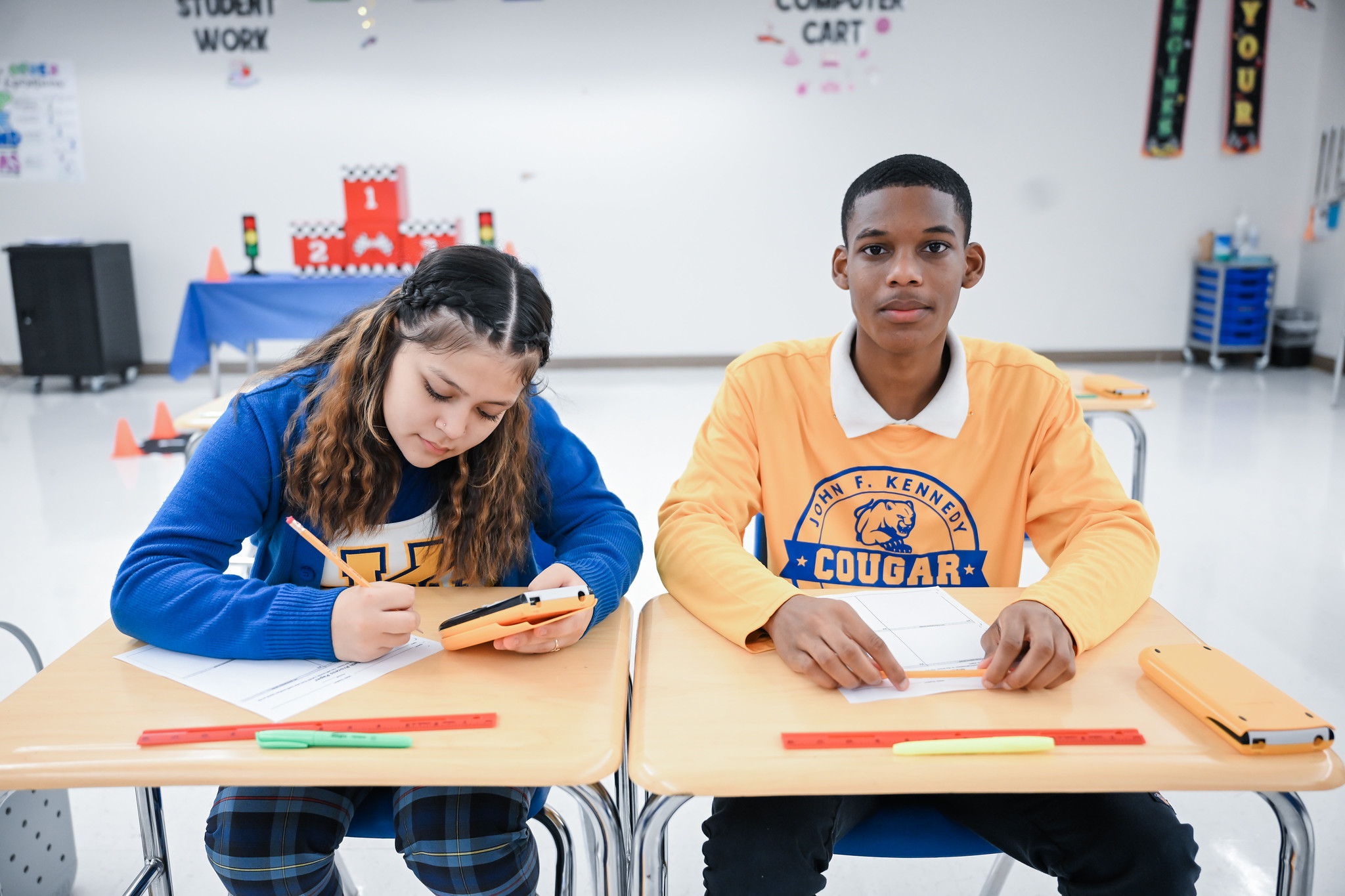 John F. Kennedy High School students at their desks